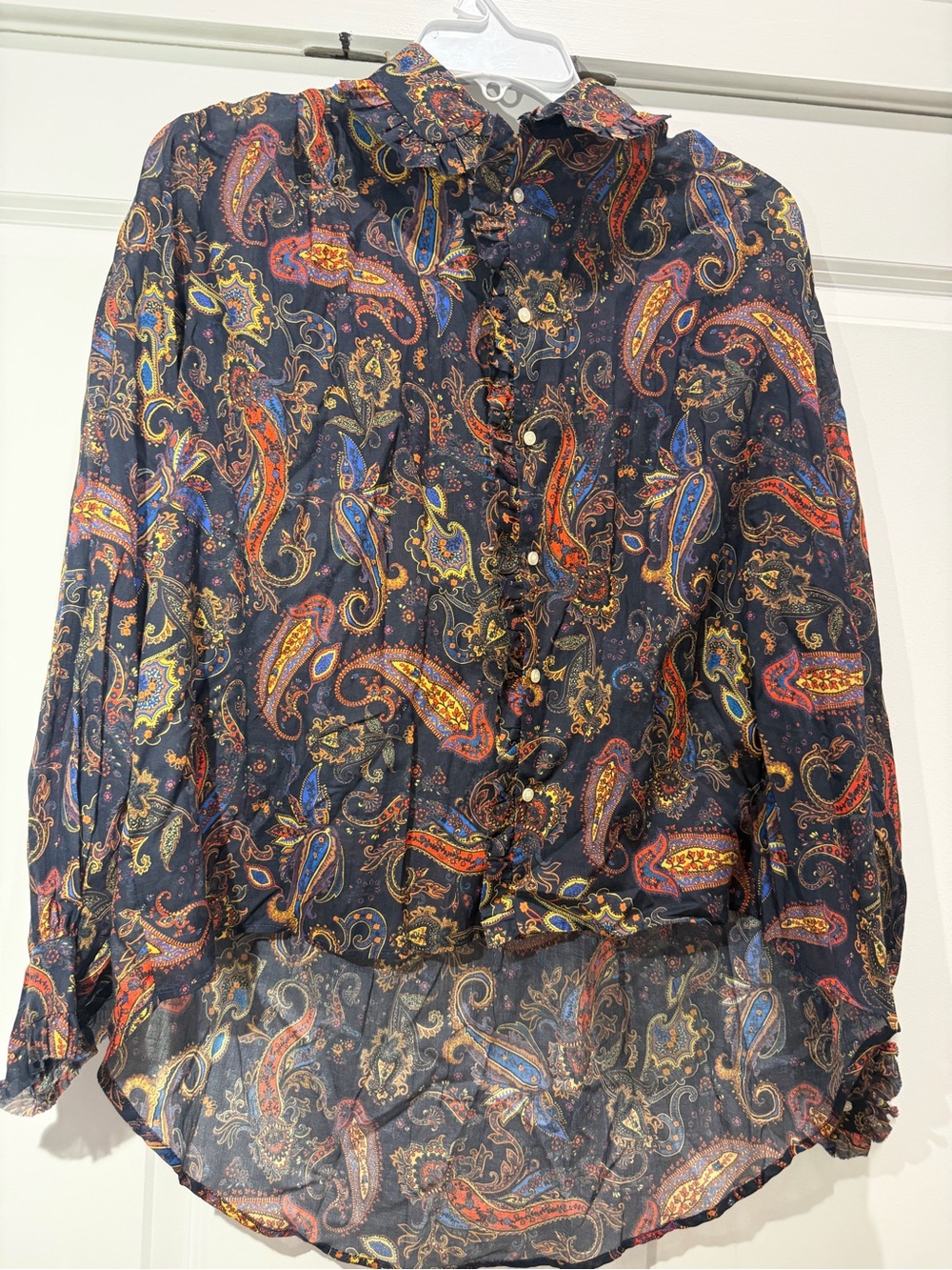 Maje Paisley-print Ruffled Cotton Shirt In Navy- Size 0 - Picture 10 of 14